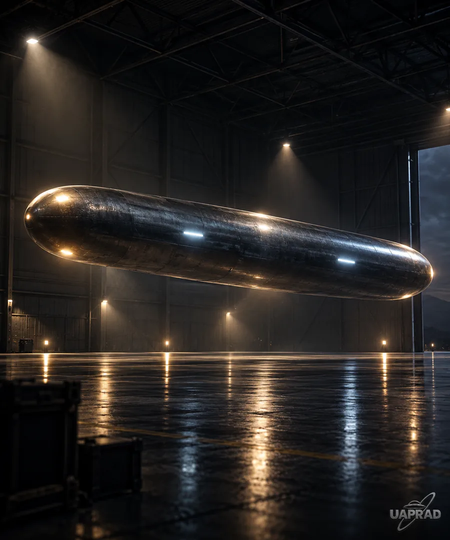 Stylised illustration of a cigar or cylinder-shaped reported object in a hangar