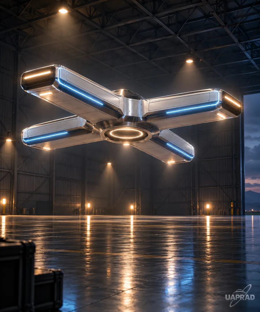 Stylised illustration of a cross or cruciform reported object in a hangar