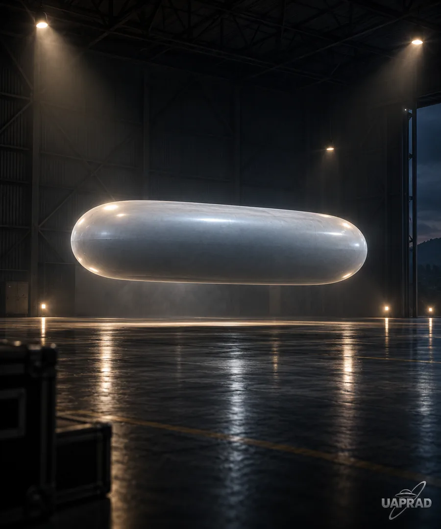 Stylised illustration of a smooth capsule-shaped reported object in a hangar